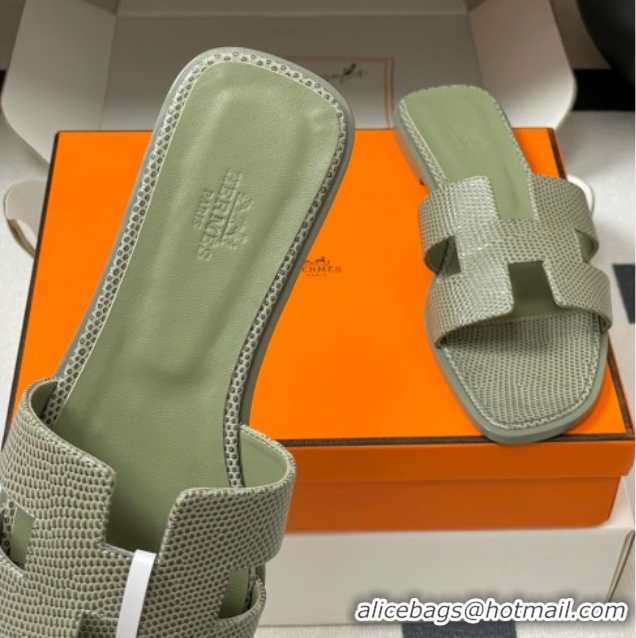 Grade Quality Hermes Oran Classic Flat Slides Sandal in Lizard Embossed Calfskin Khaki 2025 H081803