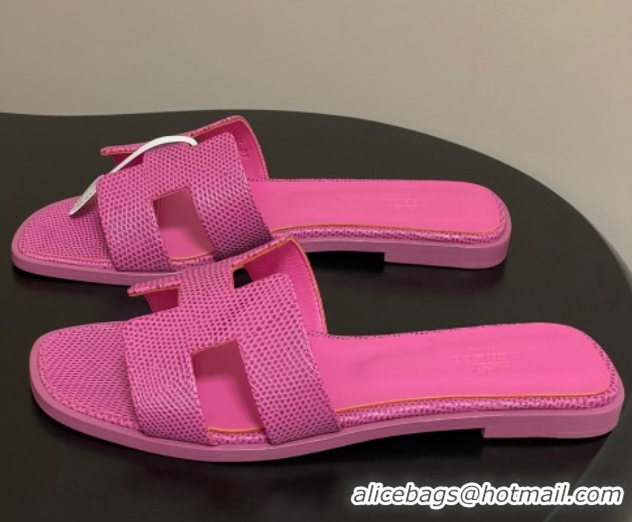 Best Price Hermes Oran Classic Flat Slides Sandal in Lizard Embossed Calfskin Hot Pink 2025 H081803