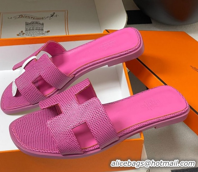 Best Price Hermes Oran Classic Flat Slides Sandal in Lizard Embossed Calfskin Hot Pink 2025 H081803