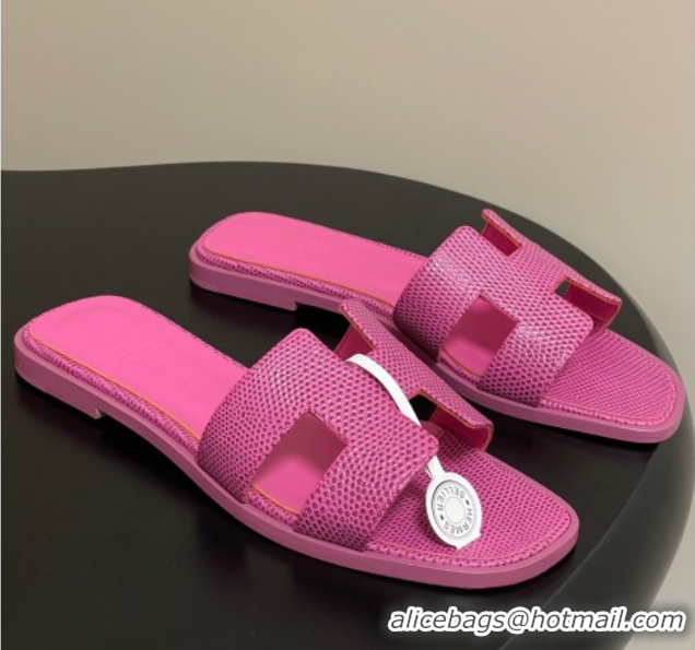 Best Price Hermes Oran Classic Flat Slides Sandal in Lizard Embossed Calfskin Hot Pink 2025 H081803