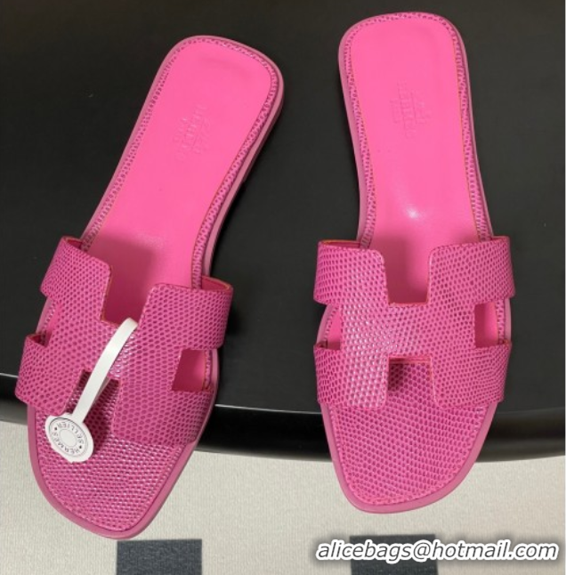 Best Price Hermes Oran Classic Flat Slides Sandal in Lizard Embossed Calfskin Hot Pink 2025 H081803