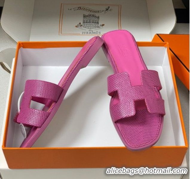 Best Price Hermes Oran Classic Flat Slides Sandal in Lizard Embossed Calfskin Hot Pink 2025 H081803