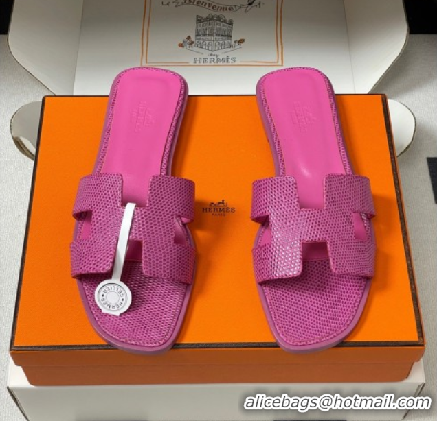 Best Price Hermes Oran Classic Flat Slides Sandal in Lizard Embossed Calfskin Hot Pink 2025 H081803