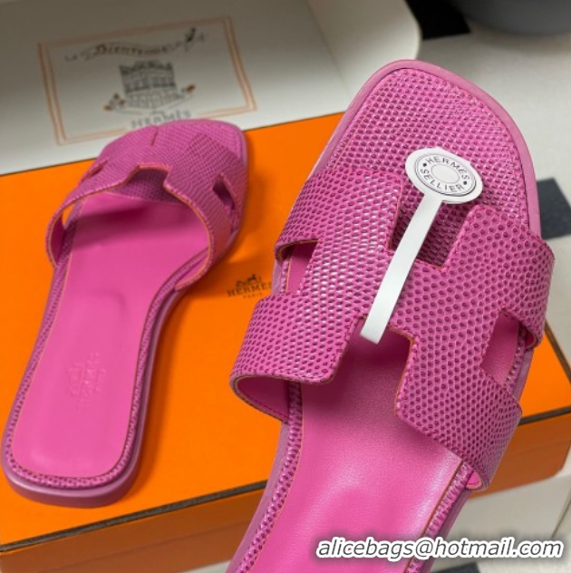 Best Price Hermes Oran Classic Flat Slides Sandal in Lizard Embossed Calfskin Hot Pink 2025 H081803