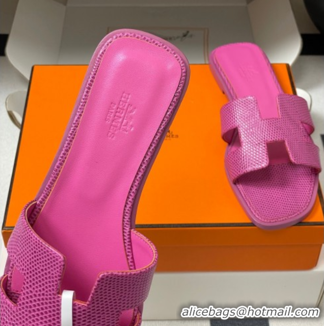 Best Price Hermes Oran Classic Flat Slides Sandal in Lizard Embossed Calfskin Hot Pink 2025 H081803