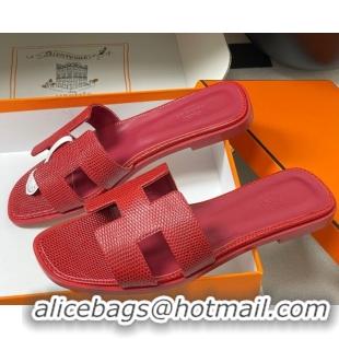 Top Grade Hermes Oran Classic Flat Slides Sandal in Lizard Embossed Calfskin Red 2025 H081803