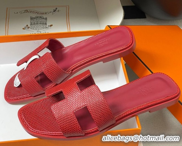 Top Grade Hermes Oran Classic Flat Slides Sandal in Lizard Embossed Calfskin Red 2025 H081803