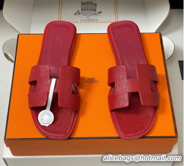 Top Grade Hermes Oran Classic Flat Slides Sandal in Lizard Embossed Calfskin Red 2025 H081803