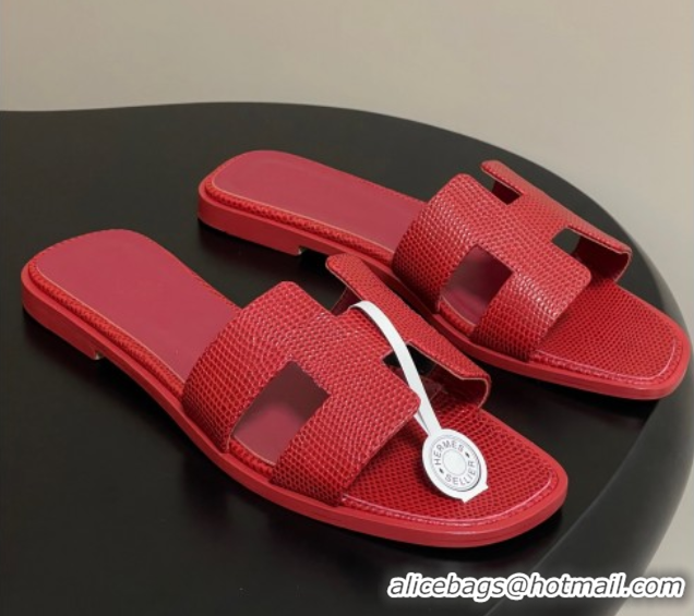 Top Grade Hermes Oran Classic Flat Slides Sandal in Lizard Embossed Calfskin Red 2025 H081803