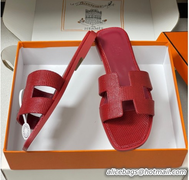Top Grade Hermes Oran Classic Flat Slides Sandal in Lizard Embossed Calfskin Red 2025 H081803