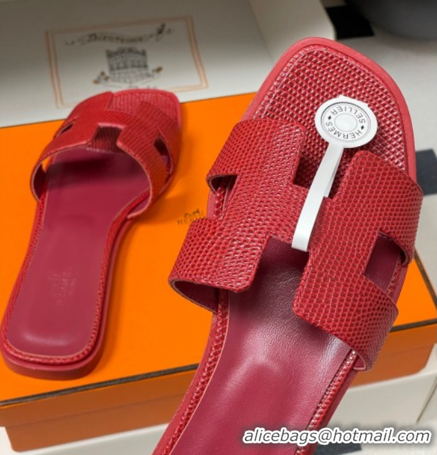 Top Grade Hermes Oran Classic Flat Slides Sandal in Lizard Embossed Calfskin Red 2025 H081803