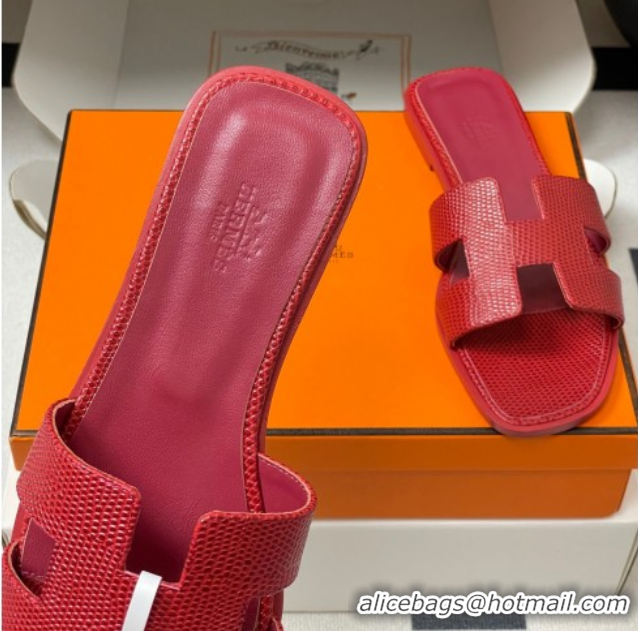Top Grade Hermes Oran Classic Flat Slides Sandal in Lizard Embossed Calfskin Red 2025 H081803