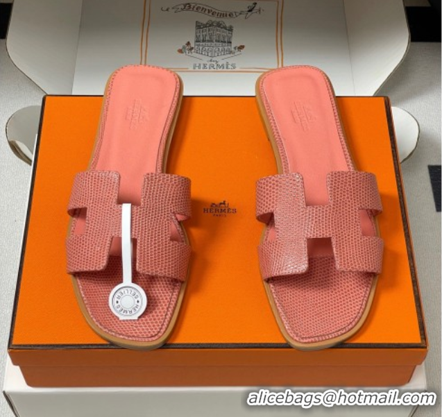 Durable Hermes Oran Classic Flat Slides Sandal in Lizard Embossed Calfskin Peachy Pink 2025 H081803 0819073