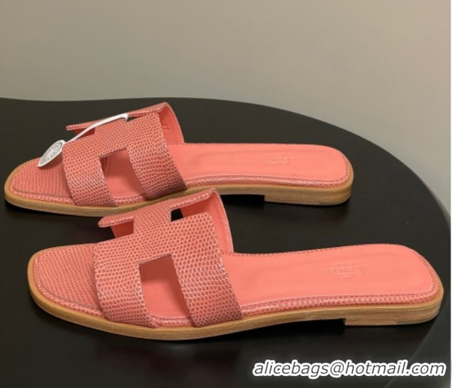 Durable Hermes Oran Classic Flat Slides Sandal in Lizard Embossed Calfskin Peachy Pink 2025 H081803 0819073