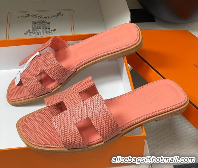 Durable Hermes Oran Classic Flat Slides Sandal in Lizard Embossed Calfskin Peachy Pink 2025 H081803 0819073
