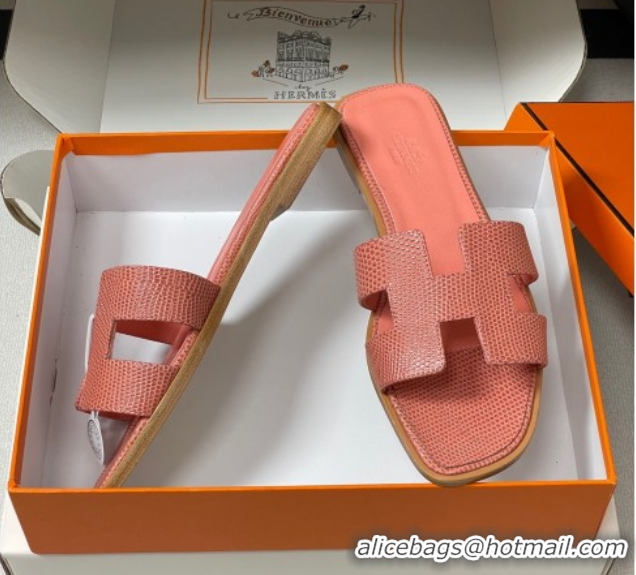 Durable Hermes Oran Classic Flat Slides Sandal in Lizard Embossed Calfskin Peachy Pink 2025 H081803 0819073