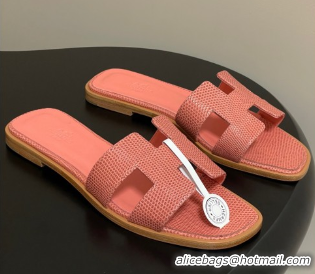 Durable Hermes Oran Classic Flat Slides Sandal in Lizard Embossed Calfskin Peachy Pink 2025 H081803 0819073