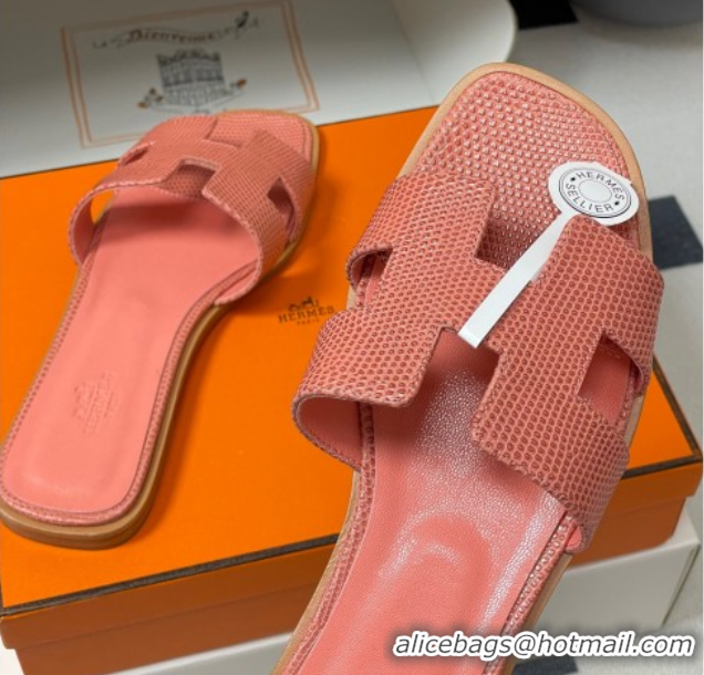 Durable Hermes Oran Classic Flat Slides Sandal in Lizard Embossed Calfskin Peachy Pink 2025 H081803 0819073