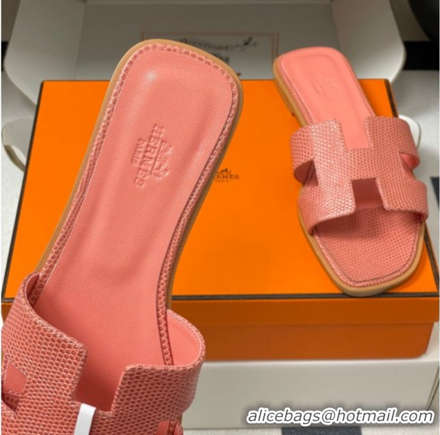 Durable Hermes Oran Classic Flat Slides Sandal in Lizard Embossed Calfskin Peachy Pink 2025 H081803 0819073