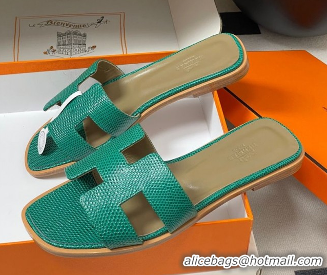 Low Price Hermes Oran Classic Flat Slides Sandal in Lizard Embossed Calfskin Dark Green 2025 H081803 0819074