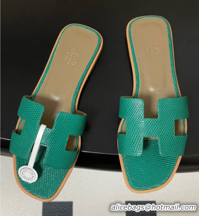Low Price Hermes Oran Classic Flat Slides Sandal in Lizard Embossed Calfskin Dark Green 2025 H081803 0819074