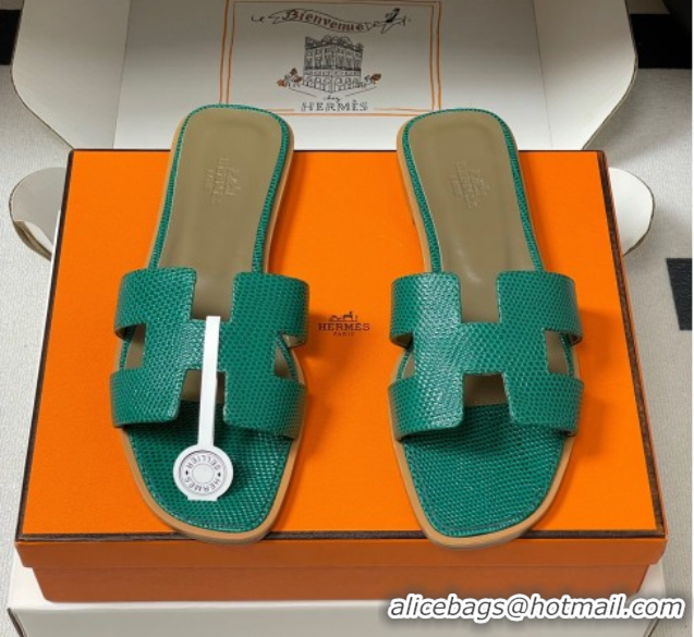 Low Price Hermes Oran Classic Flat Slides Sandal in Lizard Embossed Calfskin Dark Green 2025 H081803 0819074