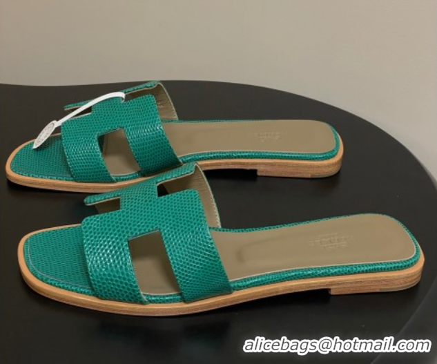 Low Price Hermes Oran Classic Flat Slides Sandal in Lizard Embossed Calfskin Dark Green 2025 H081803 0819074