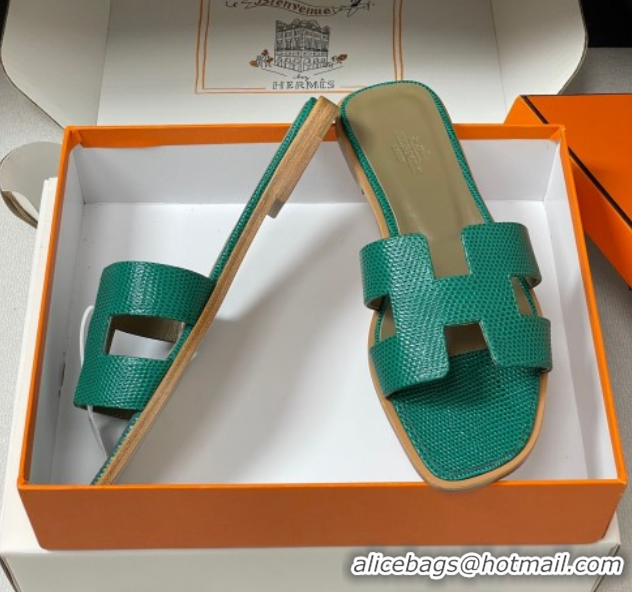 Low Price Hermes Oran Classic Flat Slides Sandal in Lizard Embossed Calfskin Dark Green 2025 H081803 0819074