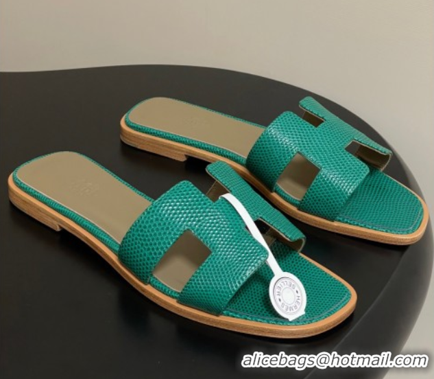 Low Price Hermes Oran Classic Flat Slides Sandal in Lizard Embossed Calfskin Dark Green 2025 H081803 0819074