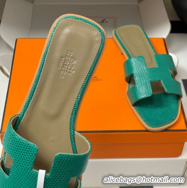 Low Price Hermes Oran Classic Flat Slides Sandal in Lizard Embossed Calfskin Dark Green 2025 H081803 0819074