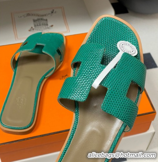 Low Price Hermes Oran Classic Flat Slides Sandal in Lizard Embossed Calfskin Dark Green 2025 H081803 0819074