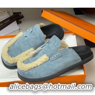 Unique Style Hermes Go Mule in Suede and Shearling Blue 2025 H232865 0820002