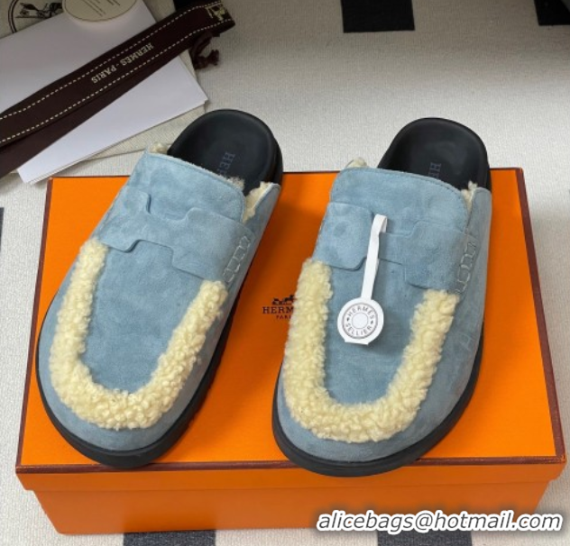 Unique Style Hermes Go Mule in Suede and Shearling Blue 2025 H232865 0820002