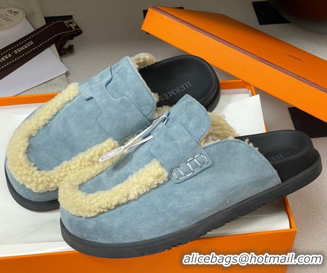 Unique Style Hermes Go Mule in Suede and Shearling Blue 2025 H232865 0820002