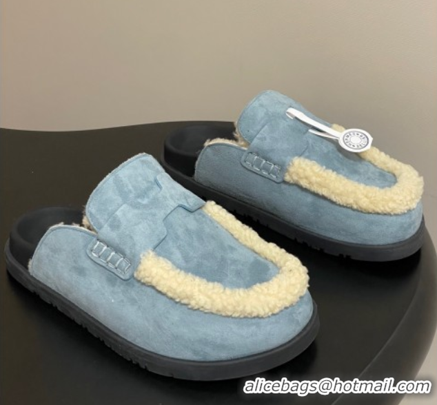 Unique Style Hermes Go Mule in Suede and Shearling Blue 2025 H232865 0820002