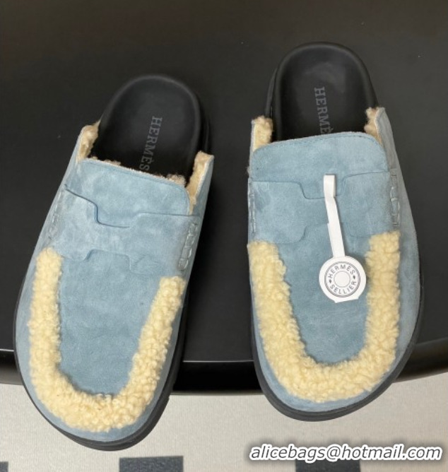 Unique Style Hermes Go Mule in Suede and Shearling Blue 2025 H232865 0820002