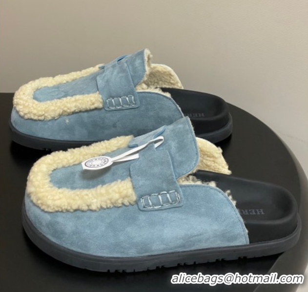 Unique Style Hermes Go Mule in Suede and Shearling Blue 2025 H232865 0820002