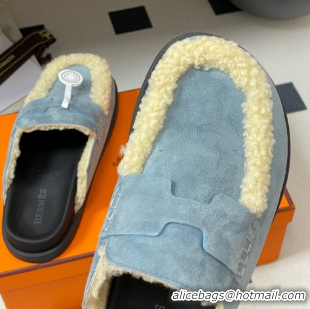 Unique Style Hermes Go Mule in Suede and Shearling Blue 2025 H232865 0820002