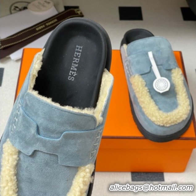 Unique Style Hermes Go Mule in Suede and Shearling Blue 2025 H232865 0820002
