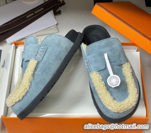 Unique Style Hermes Go Mule in Suede and Shearling Blue 2025 H232865 0820002