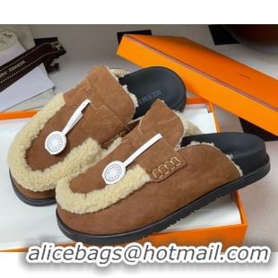 Good Quality Hermes Go Mule in Suede and Shearling Brown 2025 H232865 0820003
