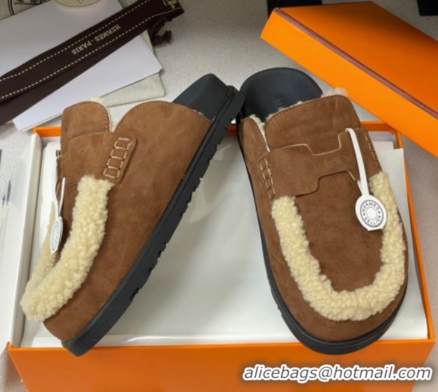 Good Quality Hermes Go Mule in Suede and Shearling Brown 2025 H232865 0820003