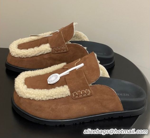 Good Quality Hermes Go Mule in Suede and Shearling Brown 2025 H232865 0820003