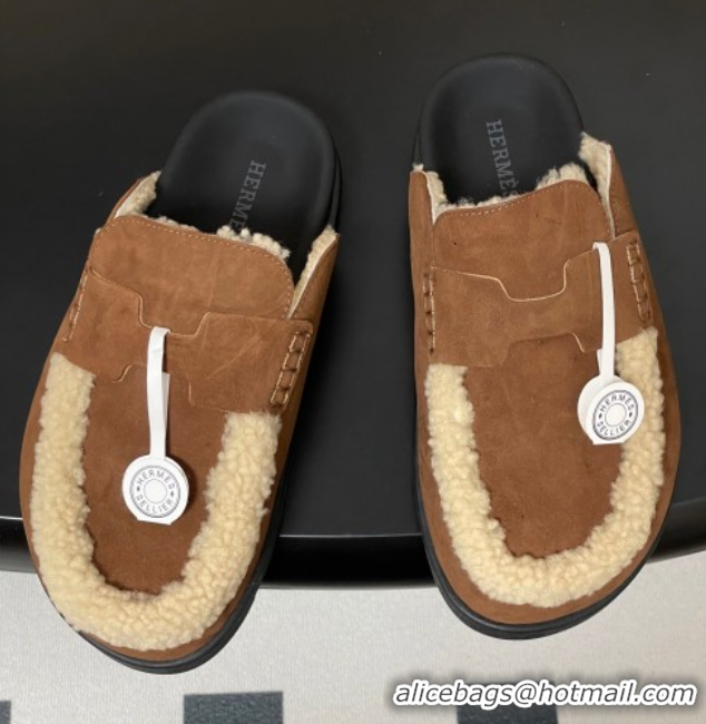 Good Quality Hermes Go Mule in Suede and Shearling Brown 2025 H232865 0820003