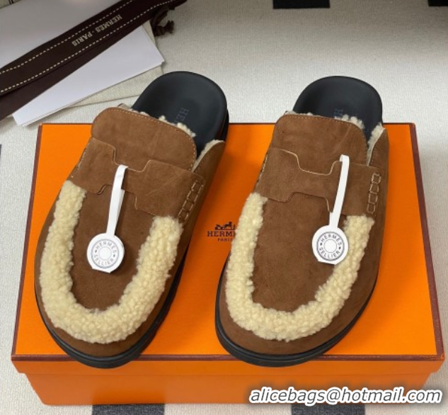 Good Quality Hermes Go Mule in Suede and Shearling Brown 2025 H232865 0820003