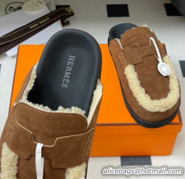 Good Quality Hermes Go Mule in Suede and Shearling Brown 2025 H232865 0820003
