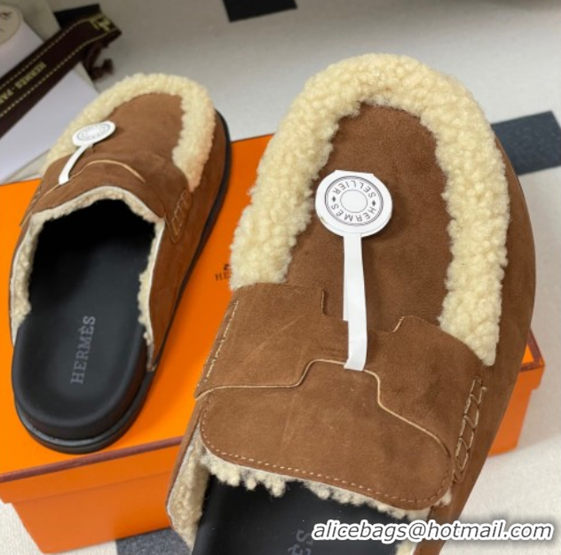 Good Quality Hermes Go Mule in Suede and Shearling Brown 2025 H232865 0820003