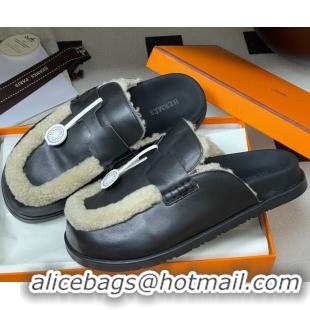 Classic Hot Hermes Go Mule in Calfskin and Shearling Black 2025 H232865 0820004