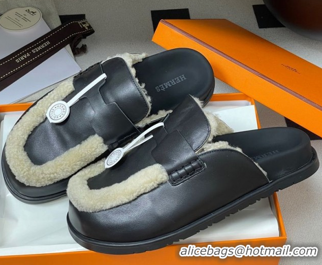 Classic Hot Hermes Go Mule in Calfskin and Shearling Black 2025 H232865 0820004