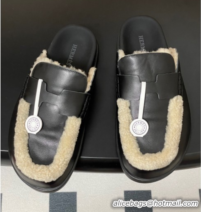 Classic Hot Hermes Go Mule in Calfskin and Shearling Black 2025 H232865 0820004